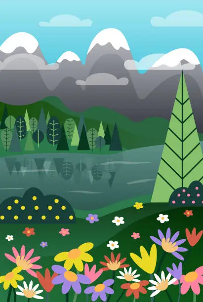 Vector illustration of Vector cartoon drawing landscape field of flowers, lake and mountains