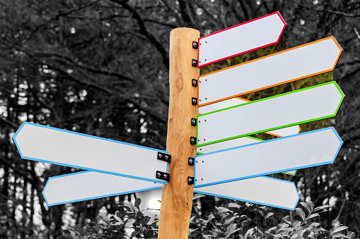Kleurrijke lege zingt geïsoleerd op bos achtergrond. Singboard.