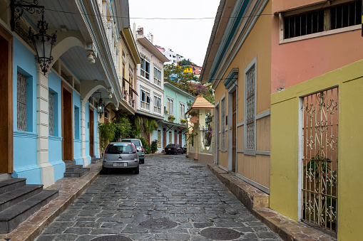 Architectural detail of the narrow and cobbled streets of Las Peñas Neighborhood, located in Santa Ana Hill, in Guayaquil, Ecuador's largest city and economic capital.