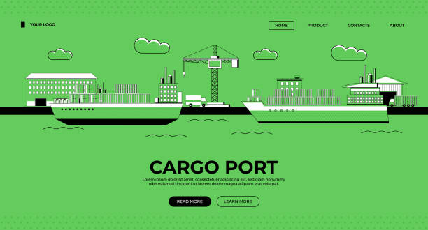 illustrazioni stock, clip art, cartoni animati e icone di tendenza di illustrazione del porto merci - porto marittimo