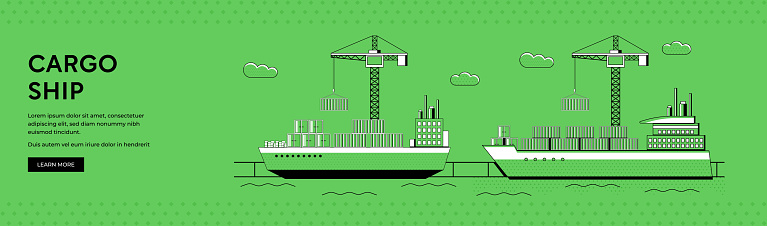 Container Ship Panoramic Illustration on green background