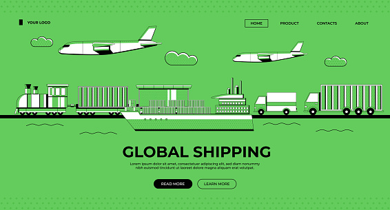 Air Cargo, Cargo Ship, Cargo Train, Cargo Truck Illustration on green background