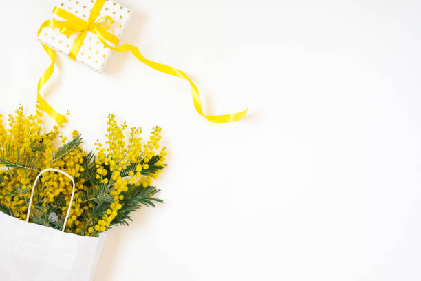 istock Beautiful flowers with package and present composition. Branches flowers mimosa on white background. Valentines Day, Easter, Birthday, Mother's day. Flat lay, top view, copy space 2035860486