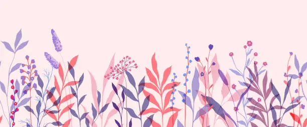 Vector illustration of Seamless horizontal border, abstract art with summer meadow plants, wild flowers, leaves branch and Hand Drawn doodle Scribble floral plants. Design for wall decoration, postcard, poster or brochure