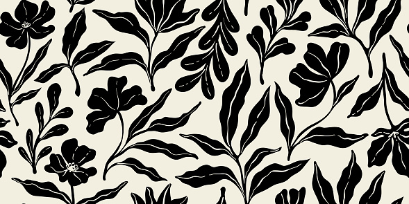 Leaves branch and Hand Drawn doodle Scribble floral plants banner, seamless pattern. Creative minimalist Abstract art background. Design wall decoration, postcard, poster and brochure