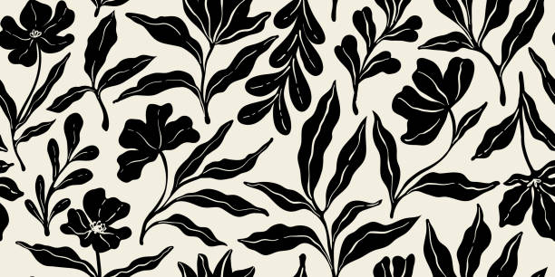 Leaves branch and Hand Drawn doodle Scribble floral plants banner, seamless pattern. Creative minimalist Abstract art background. Design wall decoration, postcard, poster or brochure vector art illustration
