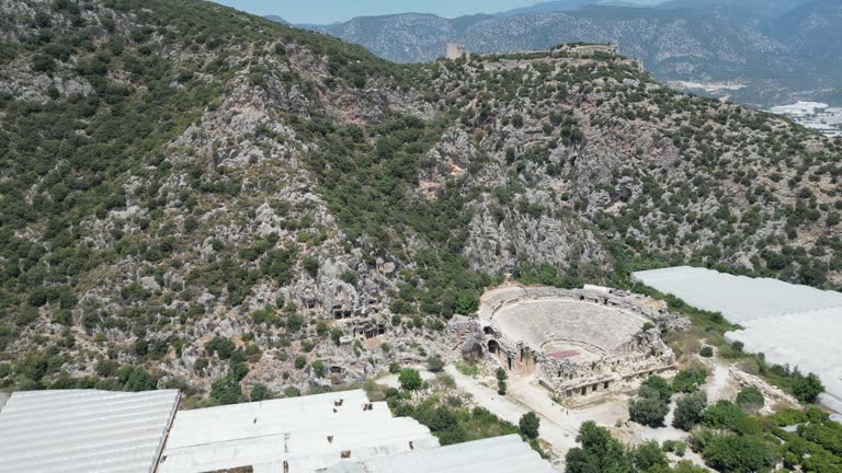 Aerial view of Myra Ancient Theatre in Demre, Antalya. 4k resolution.