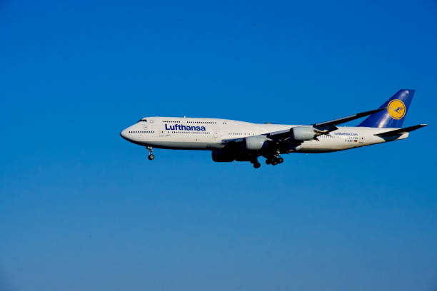 Chantilly, Virginia, USA - February 19, 2024: A Lufthansa Boeing 747-830 flight enroute from Frankfurt, Germany, on final approach to land at Washington Dulles International Airport.
