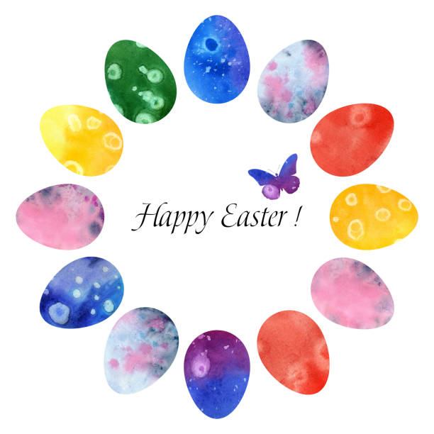 Easter eggs in a circle. Set of watercolor easter eggs. Different colorful eggs. Set of Easter eggs with different textures on a white background. Spring holiday.