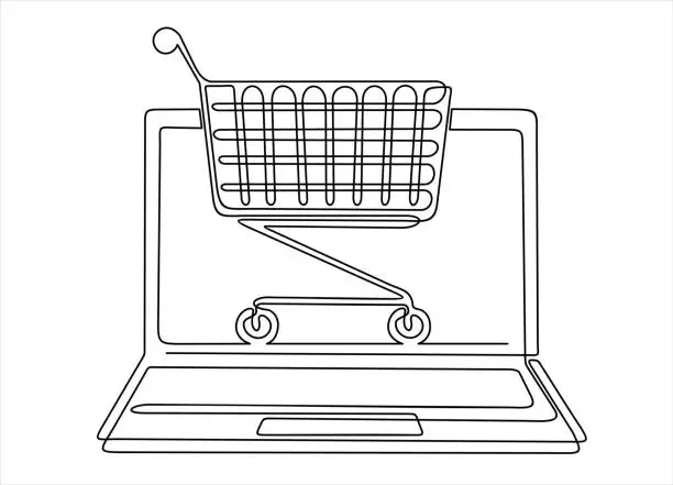 Vector illustration of Continuous one single line drawing of laptop with shopping cart. Mobile online shopping icon vector illustration concept