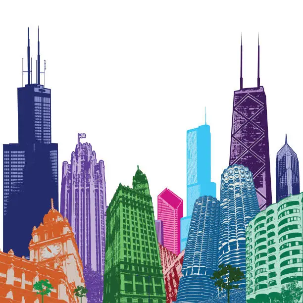 Vector illustration of Chicago Colorful Cityscape Illustration