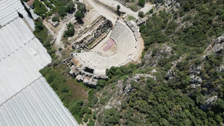 Aerial view of Myra Ancient Theatre in Demre, Antalya. 4k resolution.