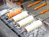 Trdelník also called trozkol is a kind of spit cake of East Europe slow cooked over glowing embers and served hot with grains of dried fruit or sugar