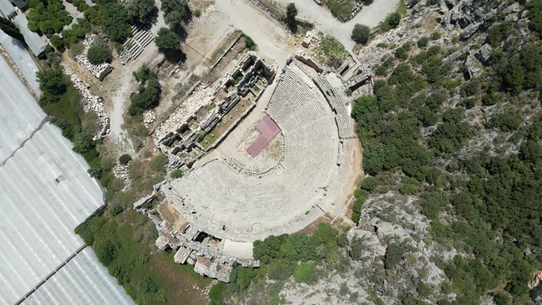 Aerial view of Myra Ancient Theatre in Demre, Antalya. 4k resolution.