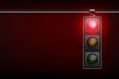 Vector Realistic Banner with Hanging Traffic Light with Glowing Red Prohibiting Signal Isolated on Black Background.