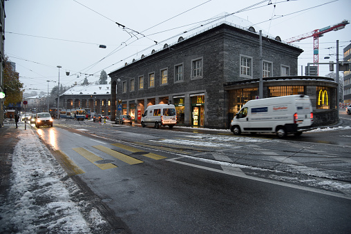 Zurich Enge district with the Enge Railway Statation during a winter day. The image was captured at dusk.