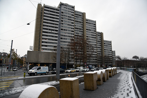 The Lochergut in Zurich wit large residential buildings. The image was captured during winter season.