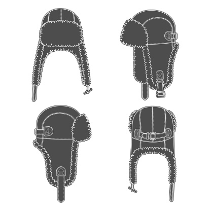 Set of black and white illustrations with flying cap with earflaps. Isolated vector objects on white background.
