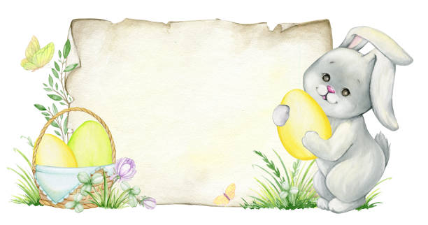 Cute bunny, basket with Easter eggs, butterflies, parchment background, watercolor clipart in cartoon style. Cute bunny, basket with Easter eggs, butterflies, parchment background, watercolor clipart in cartoon style. easter easter egg eggs basket stock illustrations