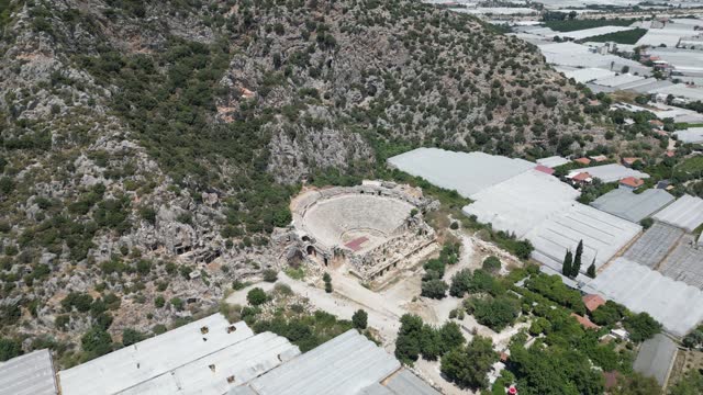 Aerial view of Myra Ancient Theatre in Demre, Antalya. 4k resolution.