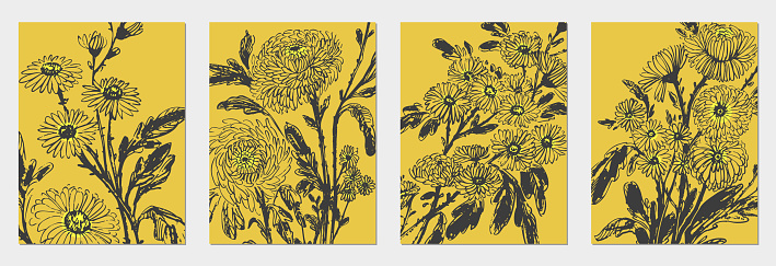 Hand drawn ink brush painting of chrysanthemum flowers, branches with leaves and buds. Traditional japanese style ink drawing on yellow background. Vector nature set, for packaging and labels, spa and beauty products.
