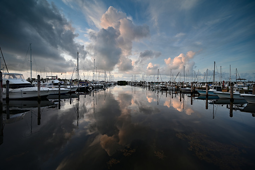 Miami, Florida - 6/12/2021: Bright summer cloudscape reflected in tranquil water of Dinner Key Marina in Coconut Grove.
