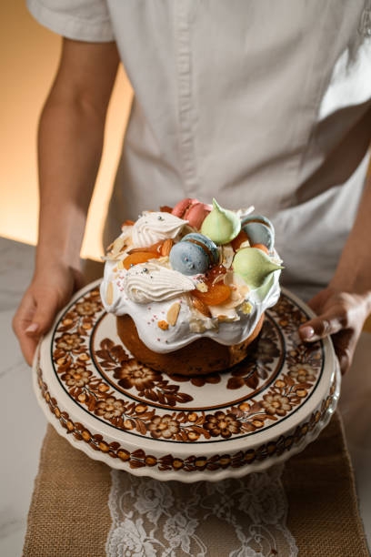 istock Beautifully decorated Easter cake stands on a stand with an ornament 2036108893