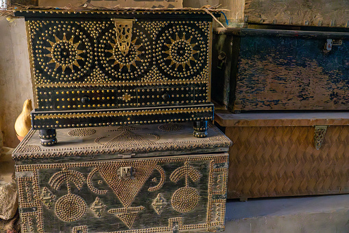 Wooden trunk, chest, detail from market in Nizwa, Oman