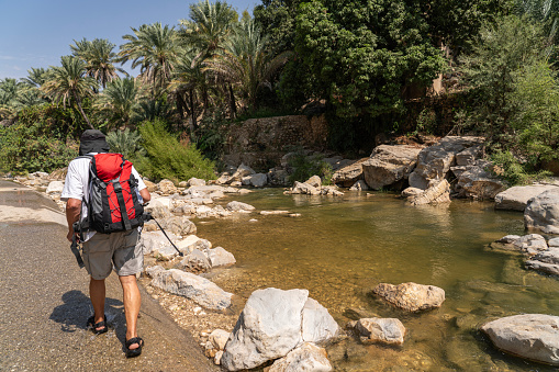 A men walking on flooded path, after heavy rain there is a swollen river from oasis Wadi Bani Khalid.  Oman