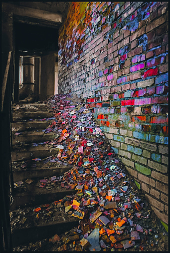 An abandoned building with colorful bricks on the walls and stairs.