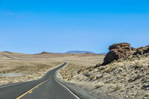 March in the desert. Northern Nevada Rural Road - High Desert Landscape - Blue Skies - March 2023 nevada landscape stock pictures, royalty-free photos & images
