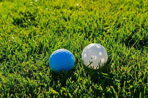 One ordinary and one white practicing plastic golf balls with holes lays at green grass. Practicing golf at home lawn. Closeup up down photo