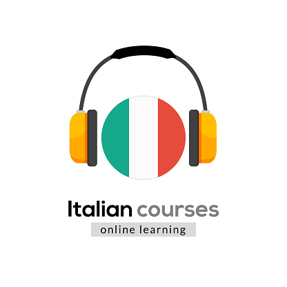 Italian language learning logo icon with headphones. Creative italian class fluent concept speak test and grammar.