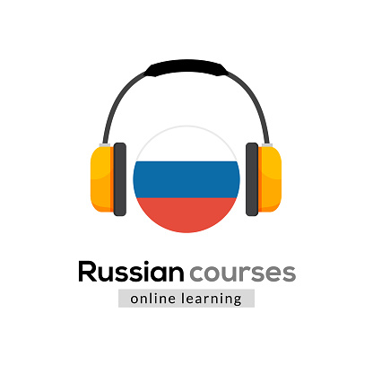 Russian language learning logo icon with headphones. Creative russian class fluent concept speak test and grammar.