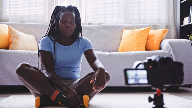 istock Young black woman fitness instructor doing vlog. 2036403191