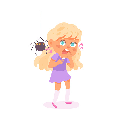 Kids fears vector illustration. Scared crying girl afraid of spider. Young female person with childish phobia. Arachnophobia. Frightened cartoon character. Kid psychologic support and therapy.