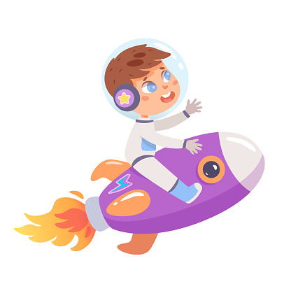 Cute kid astronaut flying on rocket in space. Cartoon boy in cosmos vector illustration. Male young pilot of spaceship. Small scientist. Funny air adventure in galaxy. Back to school concept.