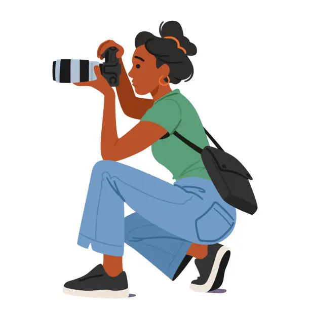 Vector illustration of Photography Creative Profession. Artists Female Character Capture Moments And Emotions Through Lenses