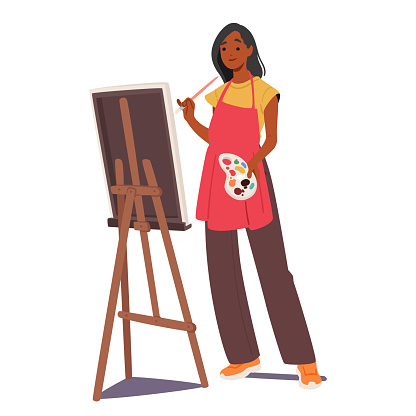Female Artist Character Immersed In Creativity, Skillfully Applies Vibrant Strokes To A Canvas On An Easel, Bringing her Imagination To Life In A Visual Symphony. Cartoon People Vector Illustration