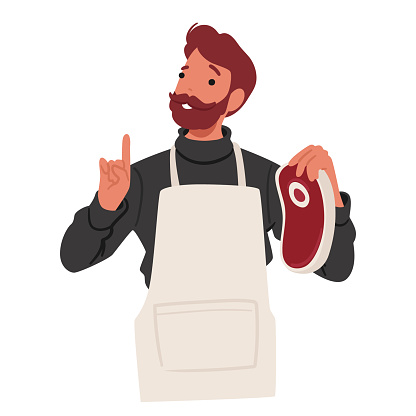 Farmer or Butcher in Apron, Proudly Displays A Piece Of Fresh, High-quality Meat, Showcasing Its Vibrant Color And Texture, Testament To A Direct Farm-to-table Approach. Cartoon Vector Illustration