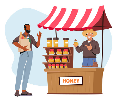 Farmer Character, Smiling Warmly, Showcases Jars Of Golden Honey At His Bustling Market Stall, Engaging With Customers Eager To Taste His Sweet, Natural Harvest. Cartoon People Vector Illustration