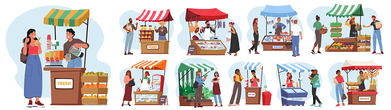 Set of Farmers Stalls With Natural Farming Production. Vendor Characters with Ice Cream, Bread, Fresh Juice and Honey. Hot Dog, Fish Meat, Vegetable, Plants or Milk. Cartoon People Vector Illustration