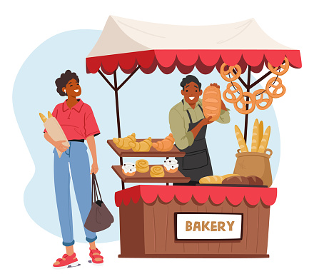 Diligent Salesman Character, Adorned In Apron, Proudly Presents Fresh Bread Loaves At His Vibrant Bakery Stall, Enticing Customers With Warm Aroma Of Baked Goodness. Cartoon People Vector Illustration
