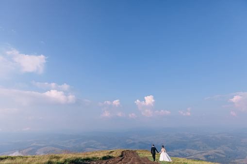 rear view of the newlyweds, holding hands, walking along the path against the background of mountains and fields.