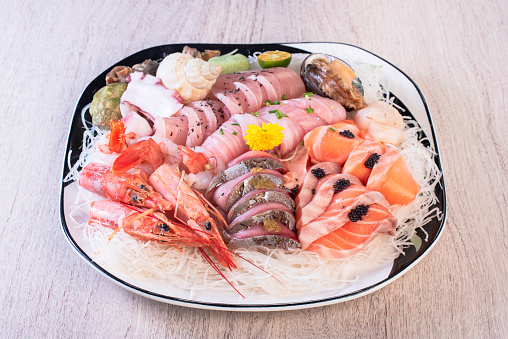 Delicious Japanese fresh raw seafoods-Sashimi(tuna,salmon, shrimp)