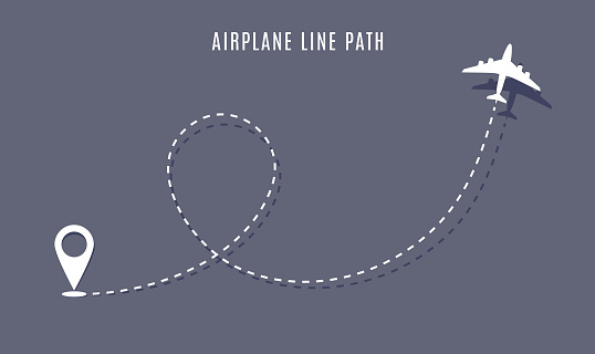 Airplane route path icon. Vector plane flight line trace, travel fly plan.