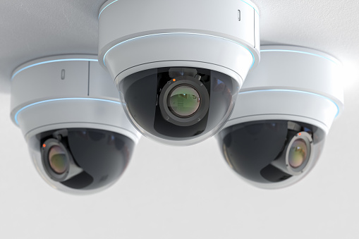 3d rendering group of security cameras or cctv cameras on ceiling