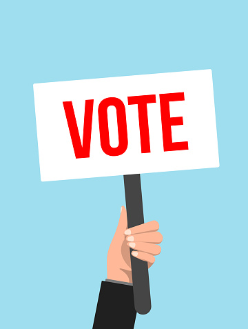 Vector picket placard sign vote election protest. Vote hand banner sign.