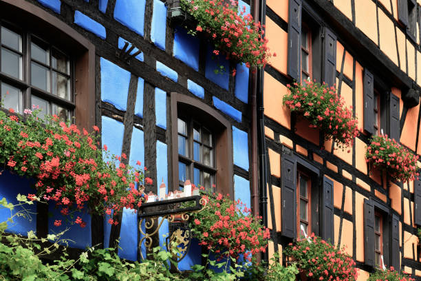 Colorful Riquewihr, France, half timber buildings with geranium flower baskets