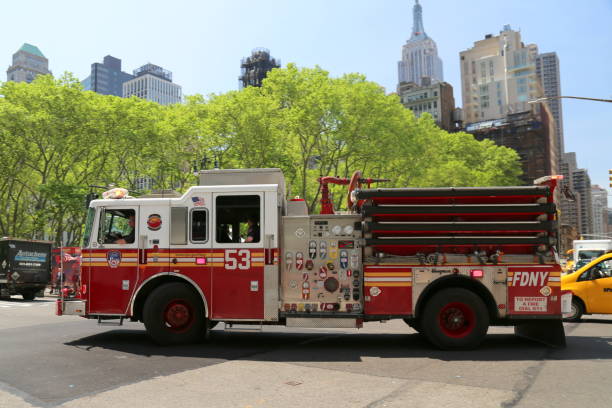 New York Fire Department truck driving through Manhattan, New York